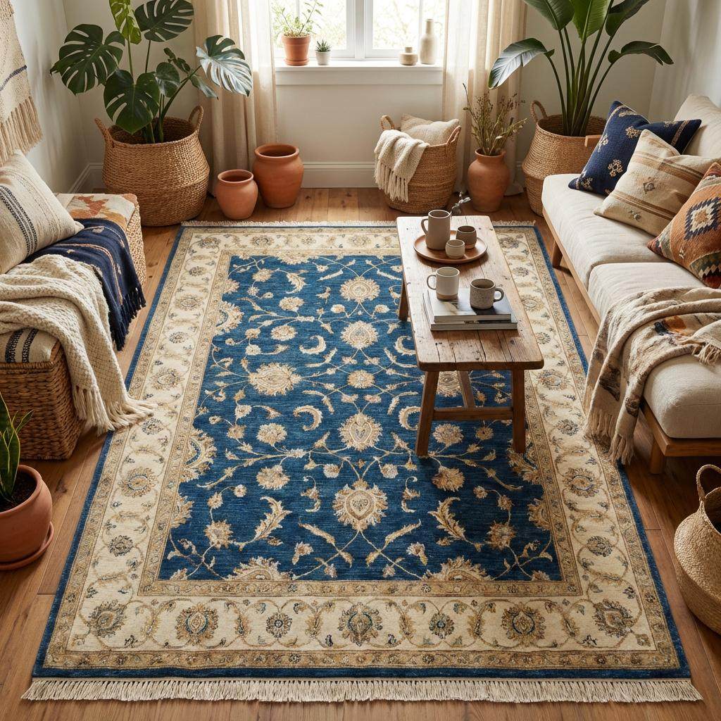 Handmade wool area rug featuring classic Turkish floral vine design