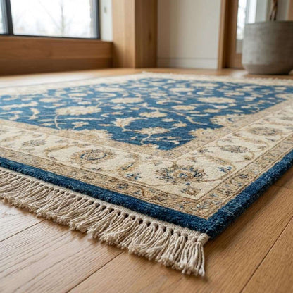 Blue Oushak Hand Knotted Wool Area Rug Floral Design