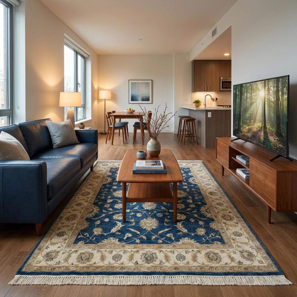 Blue Oushak Hand Knotted Wool Area Rug Floral Design