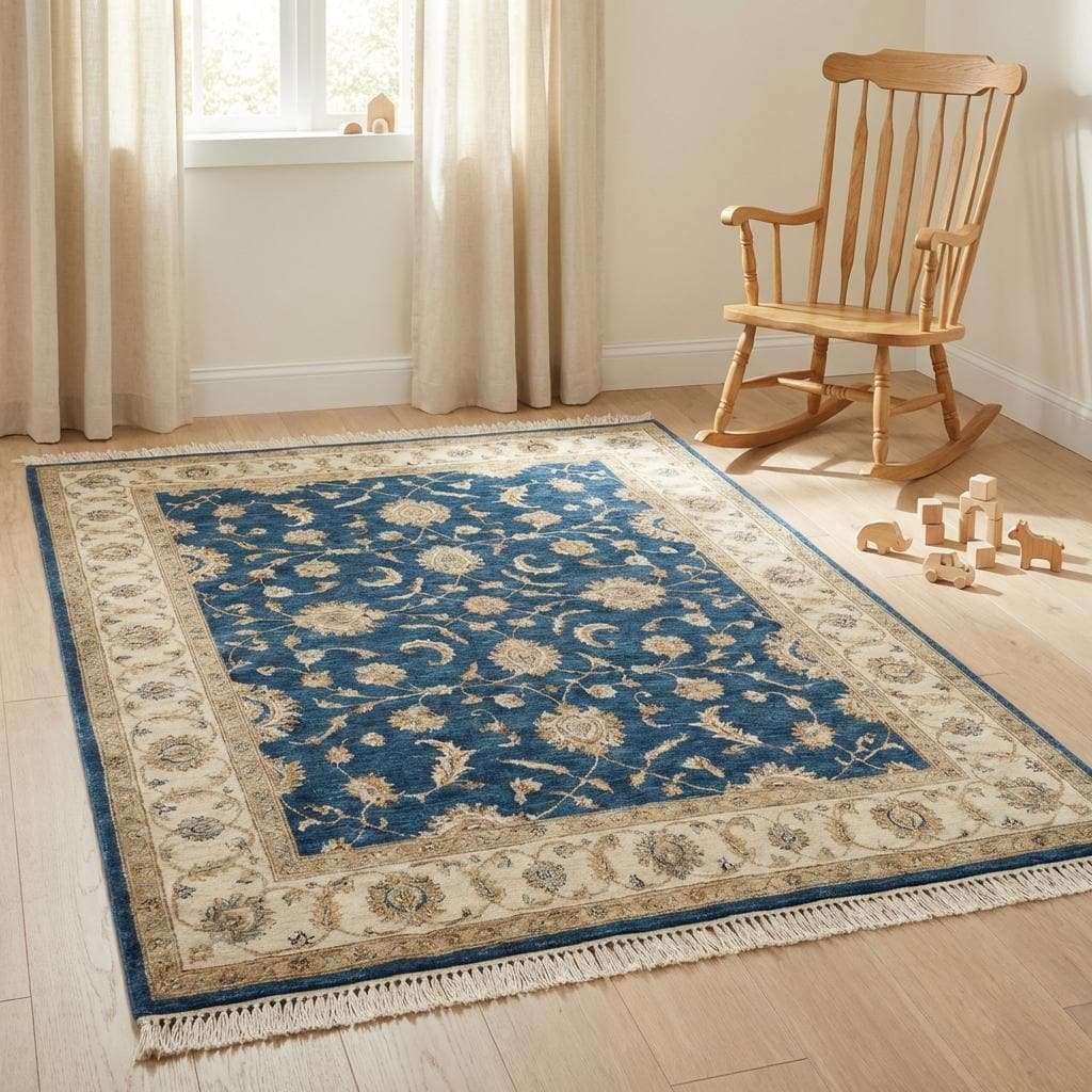 Blue and cream hand knotted wool rug styled on hardwood floor
