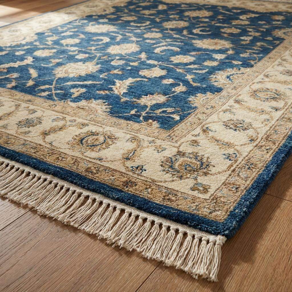 Blue Oushak hand knotted wool area rug with traditional floral design and fringe edges