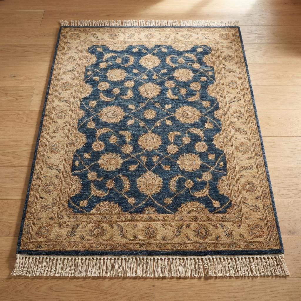 Blue Persian Floral Wool Rug, Hand Knotted Traditional Living Room Carpet