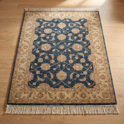 Blue Persian Floral Wool Rug, Hand Knotted Traditional Living Room Carpet