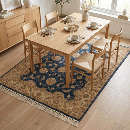 Blue Persian Floral Wool Rug, Hand Knotted Traditional Living Room Carpet