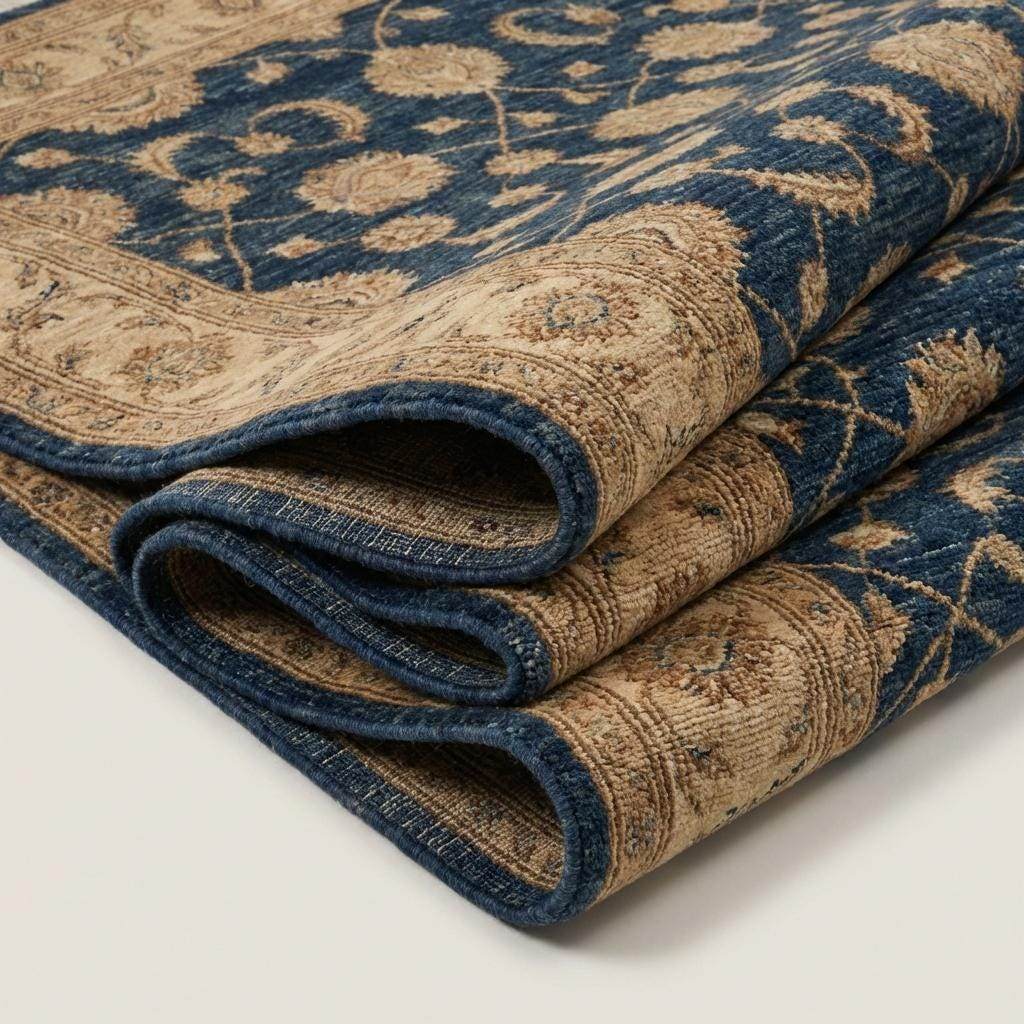 Blue Persian Floral Wool Rug, Hand Knotted Traditional Living Room Carpet