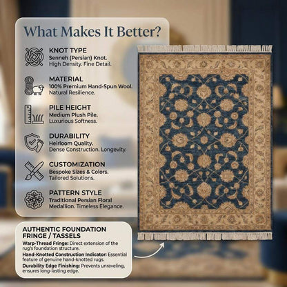 Blue Persian Floral Wool Rug, Hand Knotted Traditional Living Room Carpet