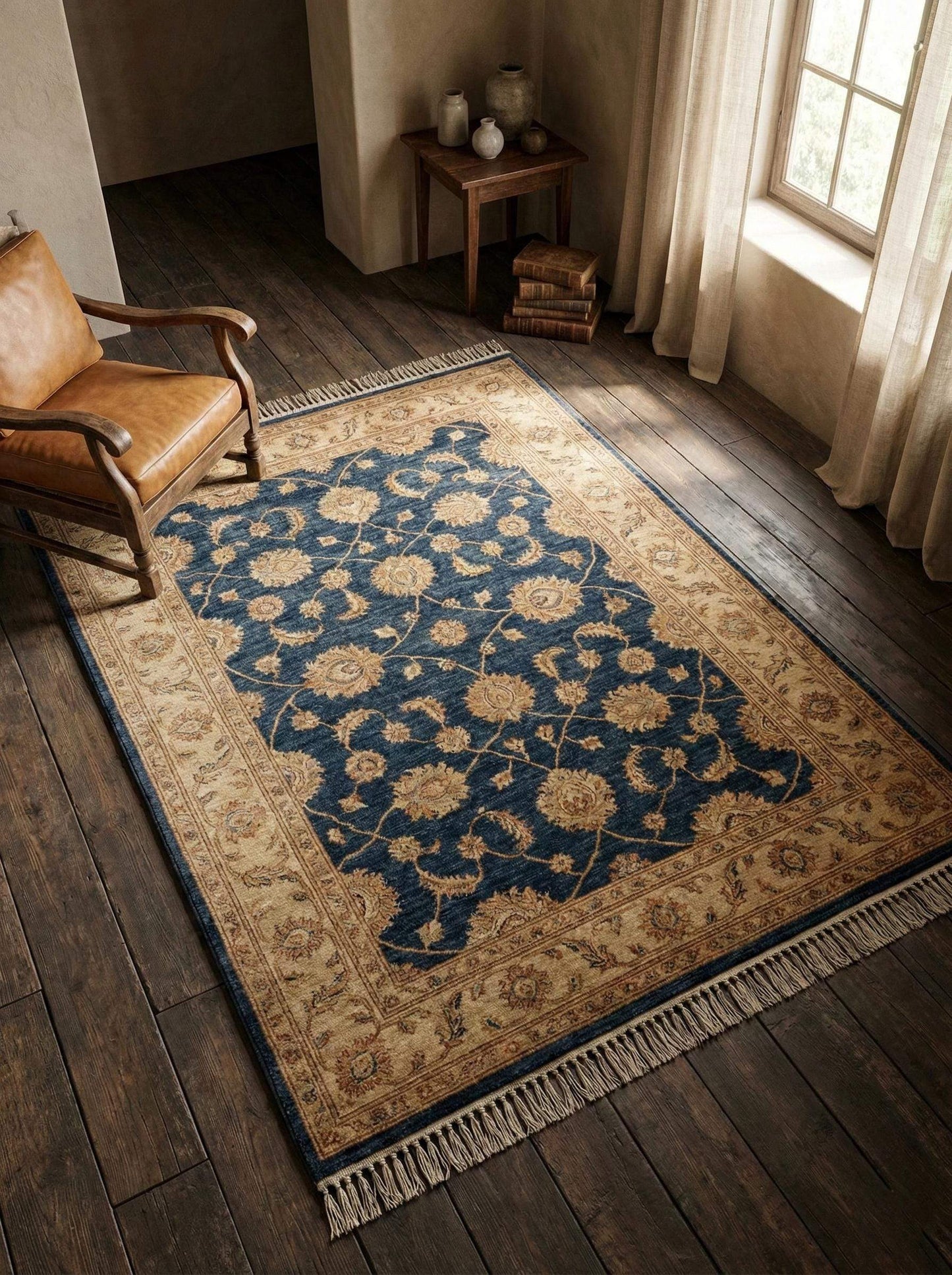Blue Persian floral wool rug with hand-knotted traditional design and deep blue field