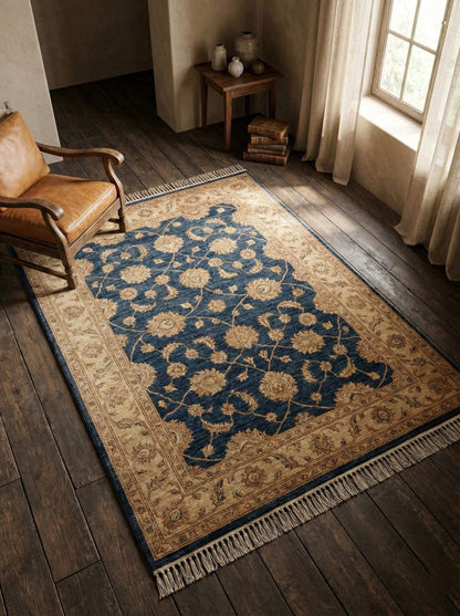 Blue Persian floral wool rug with hand-knotted traditional design and deep blue field