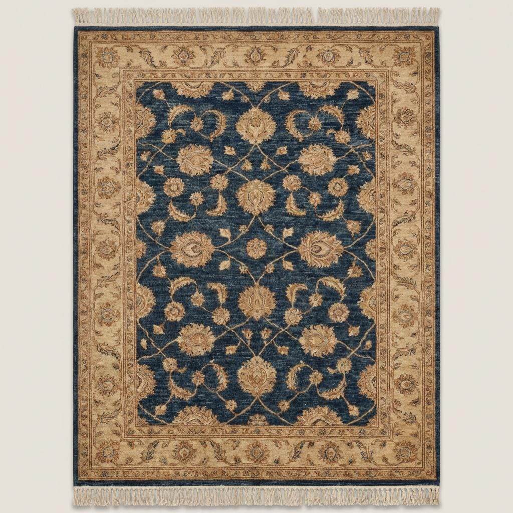 Traditional blue wool area rug with floral vine pattern and beige border detail