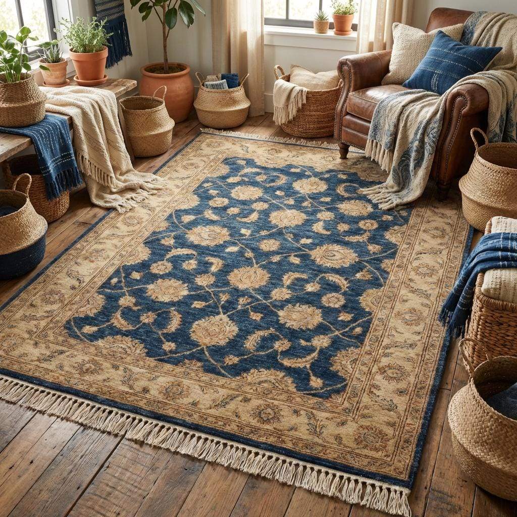 Persian style hand knotted rug featuring navy blue field and classic floral motifs
