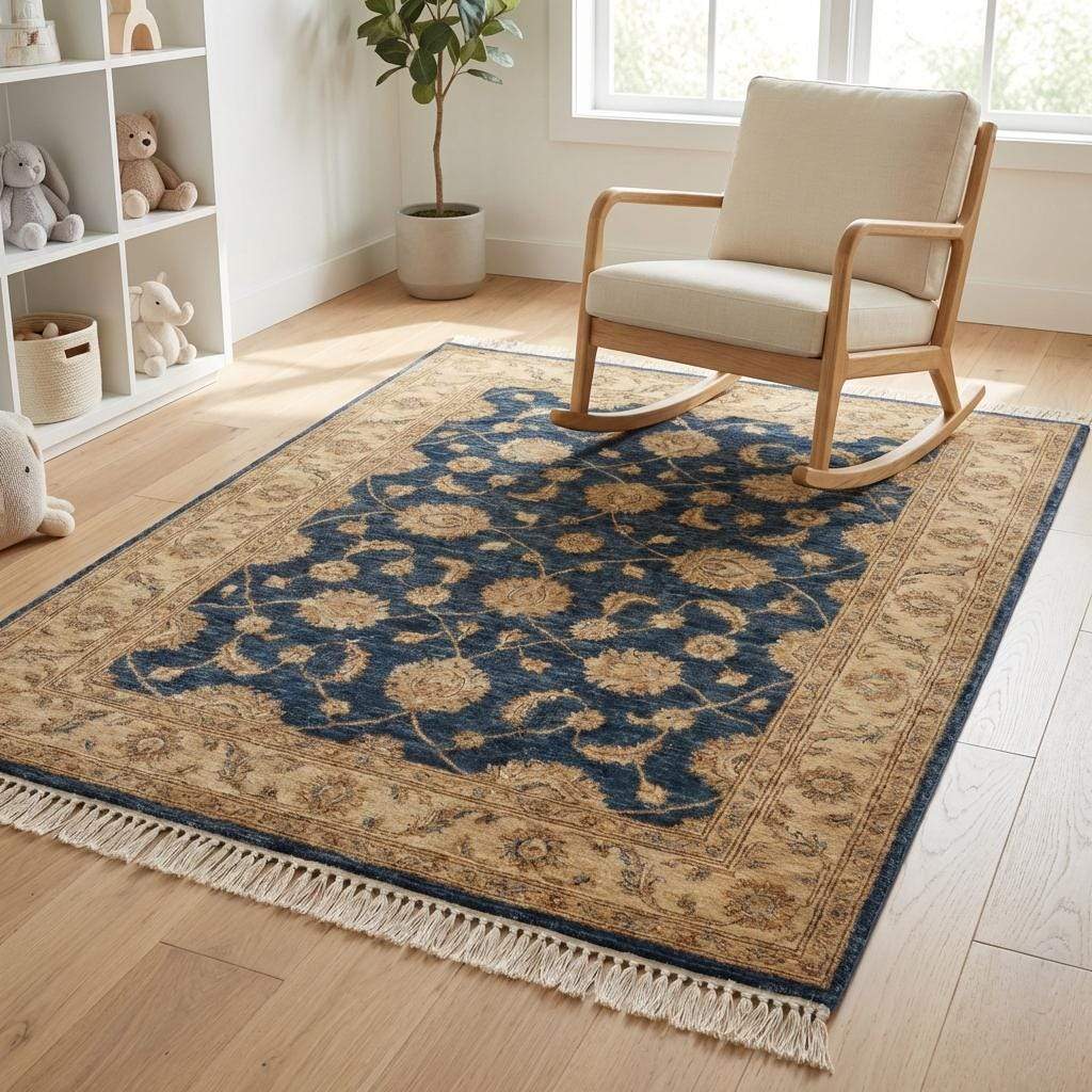 Blue Persian Floral Wool Rug, Hand Knotted Traditional Living Room Carpet