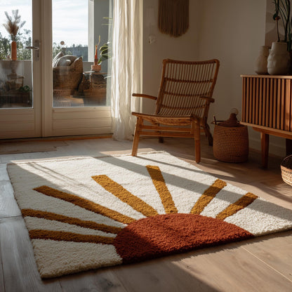 Cream and terracotta boho sun rug with tufted sunrise design for cozy, stylish decor