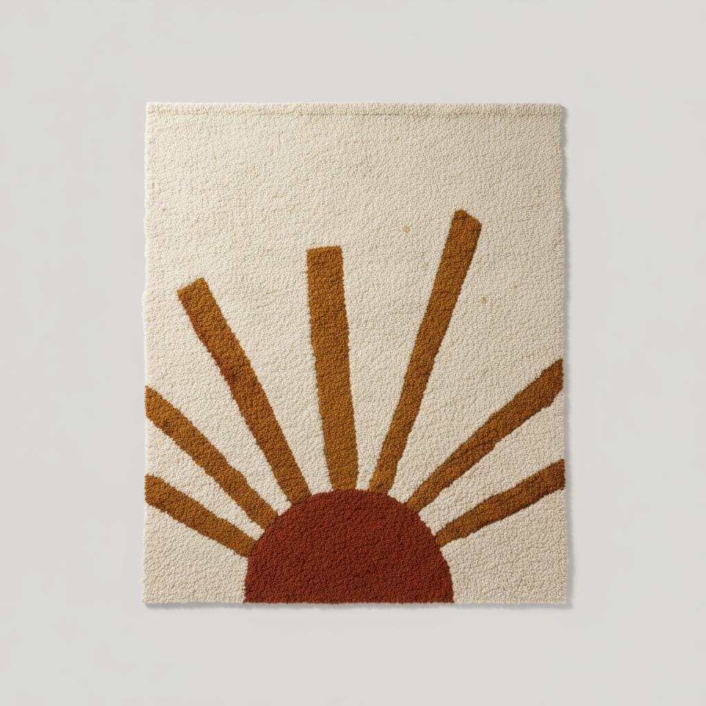 Overhead view of bohemian rug with sunburst motif on cream background.