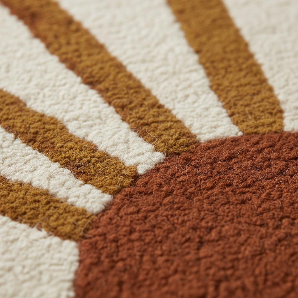 Close-up of tufted sunrise rug with rich terracotta sun and rays.