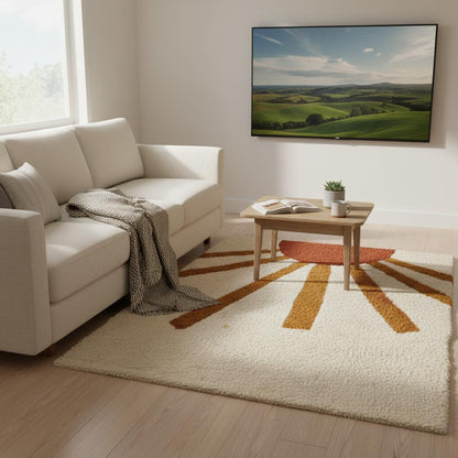 Modern boho area rug with warm sun design and textured surface.