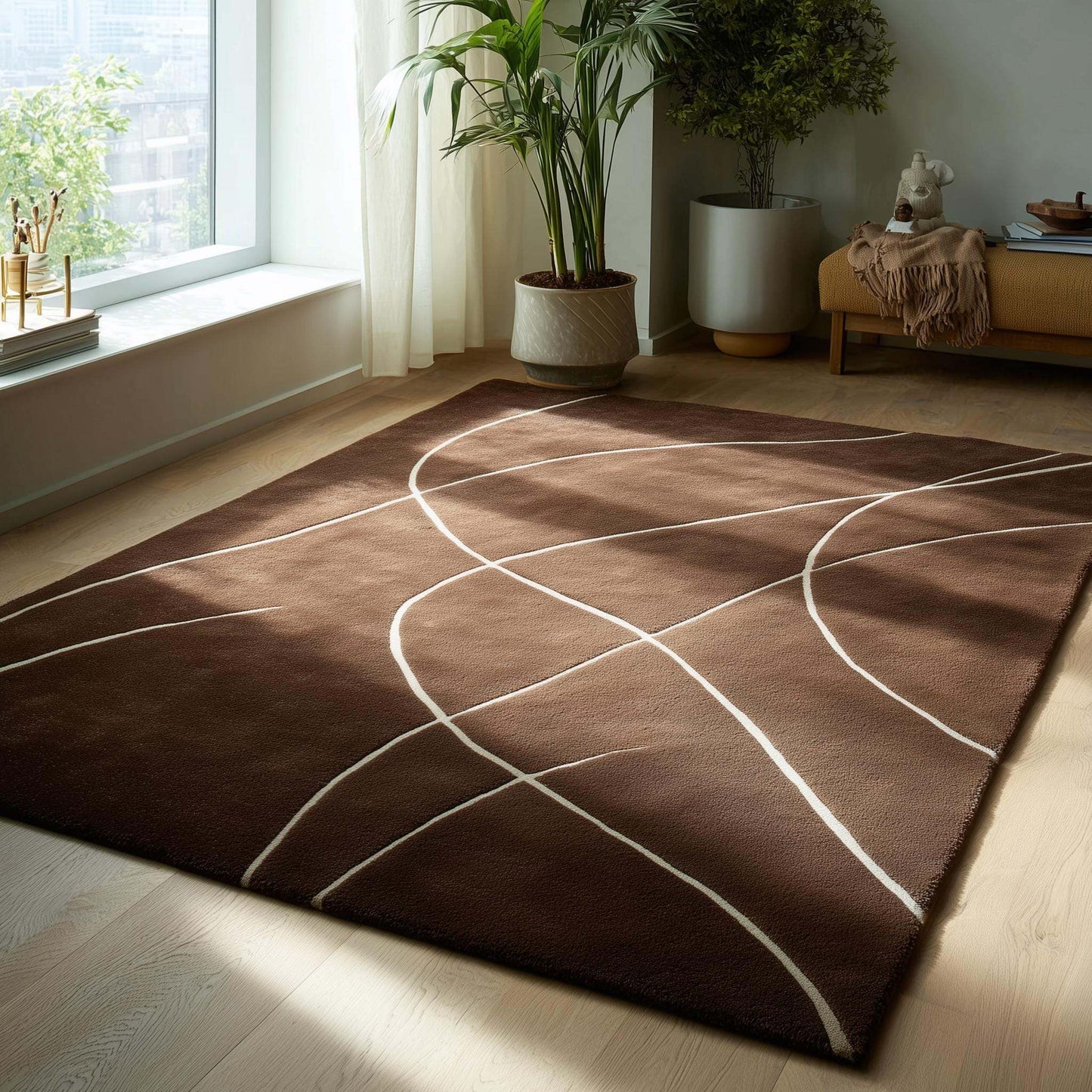 Brown abstract rug with white curved lines hand tufted modern area carpet