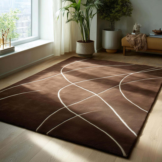 Brown abstract rug with white curved lines hand tufted modern area carpet