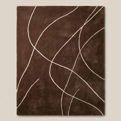 Brown abstract rug with white curved lines, modern hand tufted area carpet