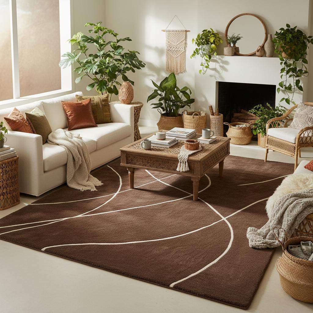 Brown abstract rug with white curved lines on rich brown background, modern hand tufted area rug