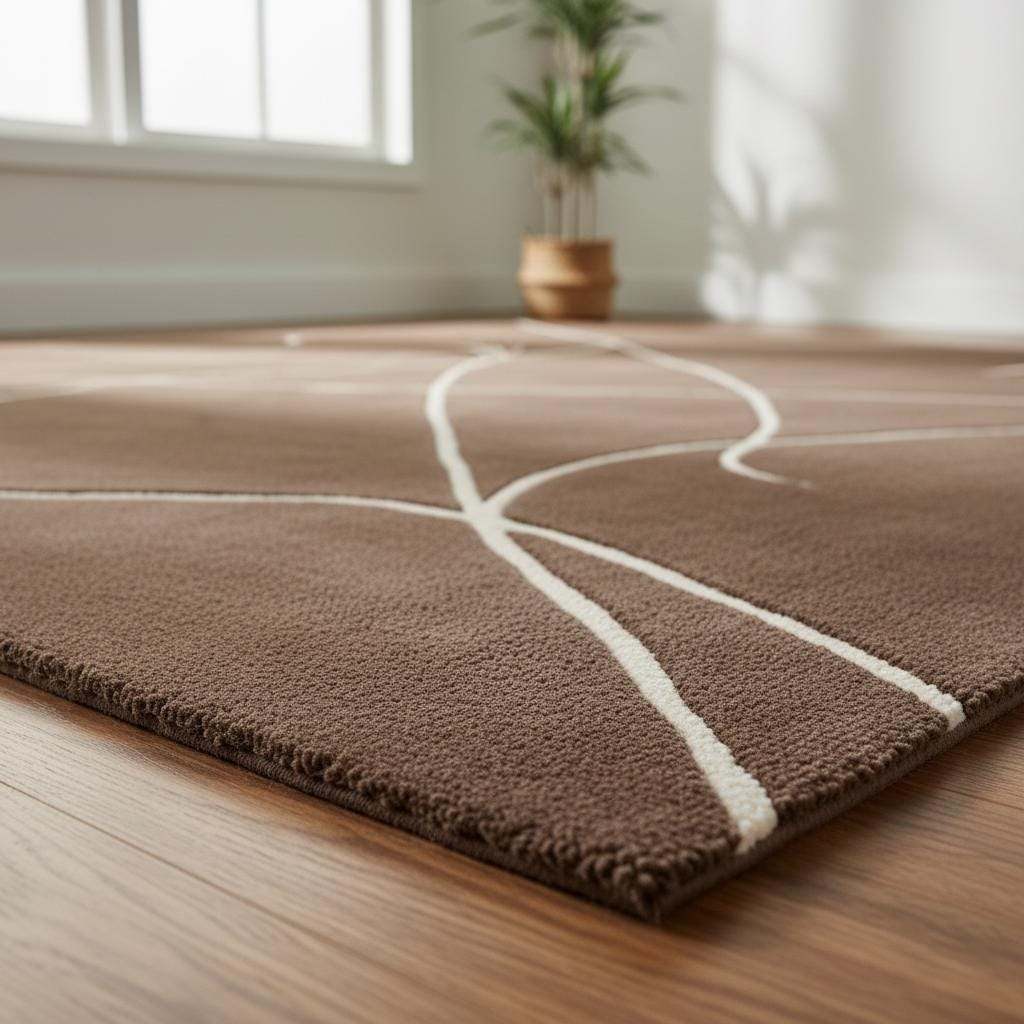 Brown abstract rug with white curved lines, hand tufted modern area carpet