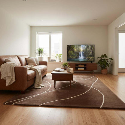 Brown abstract rug with curved white lines on a soft, hand tufted brown background for modern living spaces