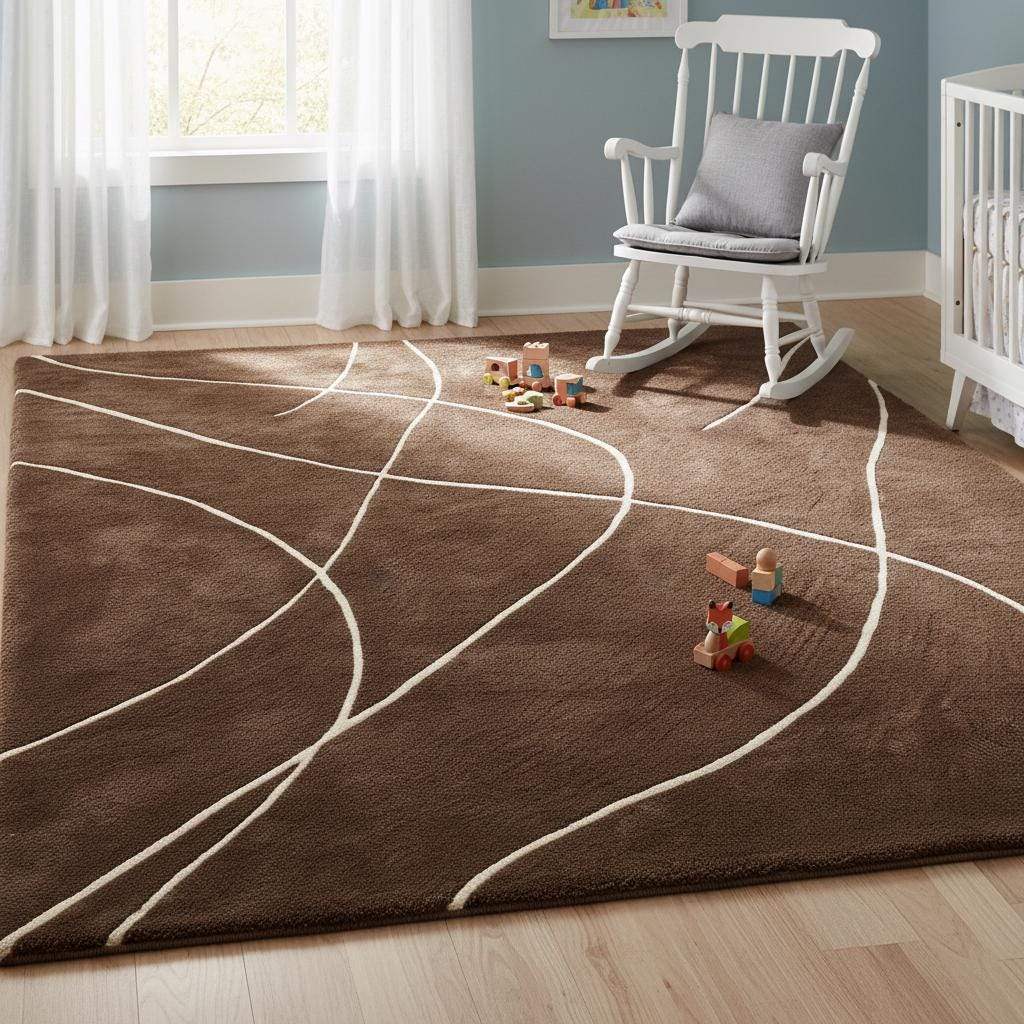 Brown abstract rug with white curved lines, modern hand tufted area carpet