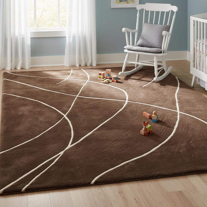 Brown abstract rug with white curved lines, modern hand tufted area carpet