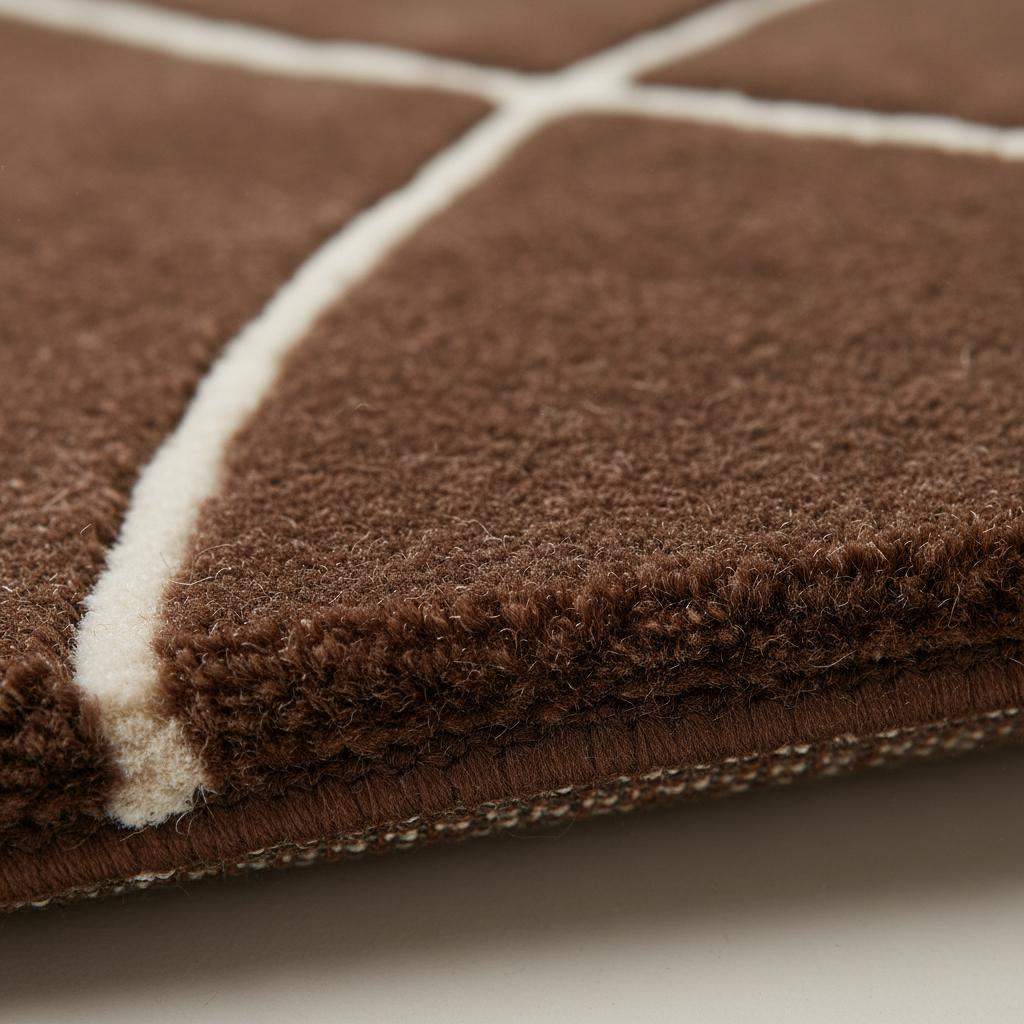 Brown abstract rug with modern curved white lines on rich brown background, hand tufted carpet for contemporary living spaces