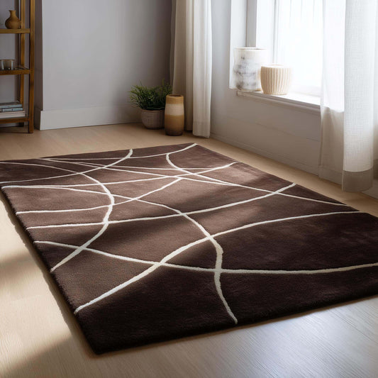 Brown modern geometric rug with abstract cream lines for stylish living room decor