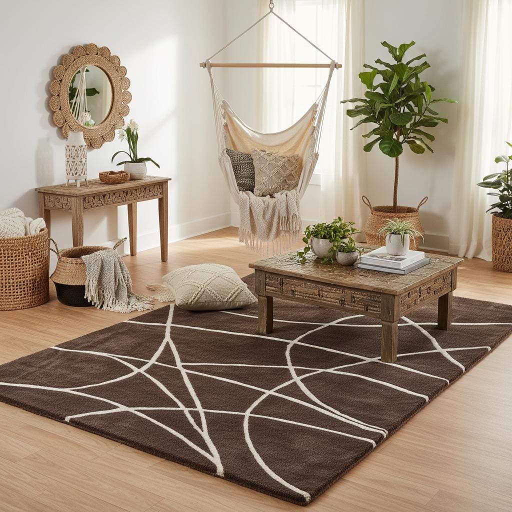 Brown Modern Geometric Area Rug – Chocolate & Cream Abstract Line Carpet for Living Room, Bedroom, Neutral Home Decor, Soft Minimalist Rug