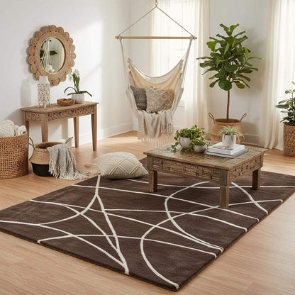 Brown Modern Geometric Area Rug – Chocolate & Cream Abstract Line Carpet for Living Room, Bedroom, Neutral Home Decor, Soft Minimalist Rug