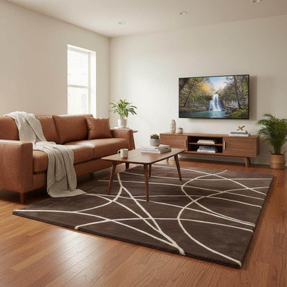 Brown Modern Geometric Area Rug – Chocolate & Cream Abstract Line Carpet for Living Room, Bedroom, Neutral Home Decor, Soft Minimalist Rug