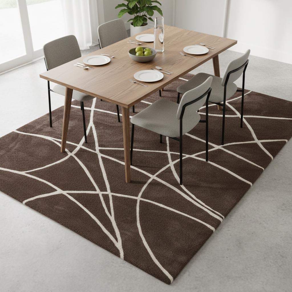 Brown Modern Geometric Area Rug – Chocolate & Cream Abstract Line Carpet for Living Room, Bedroom, Neutral Home Decor, Soft Minimalist Rug