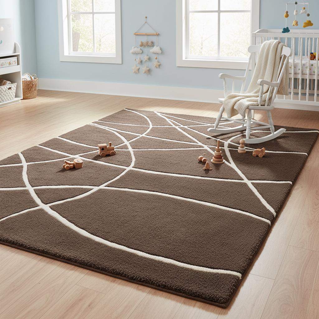 Brown Modern Geometric Area Rug – Chocolate & Cream Abstract Line Carpet for Living Room, Bedroom, Neutral Home Decor, Soft Minimalist Rug