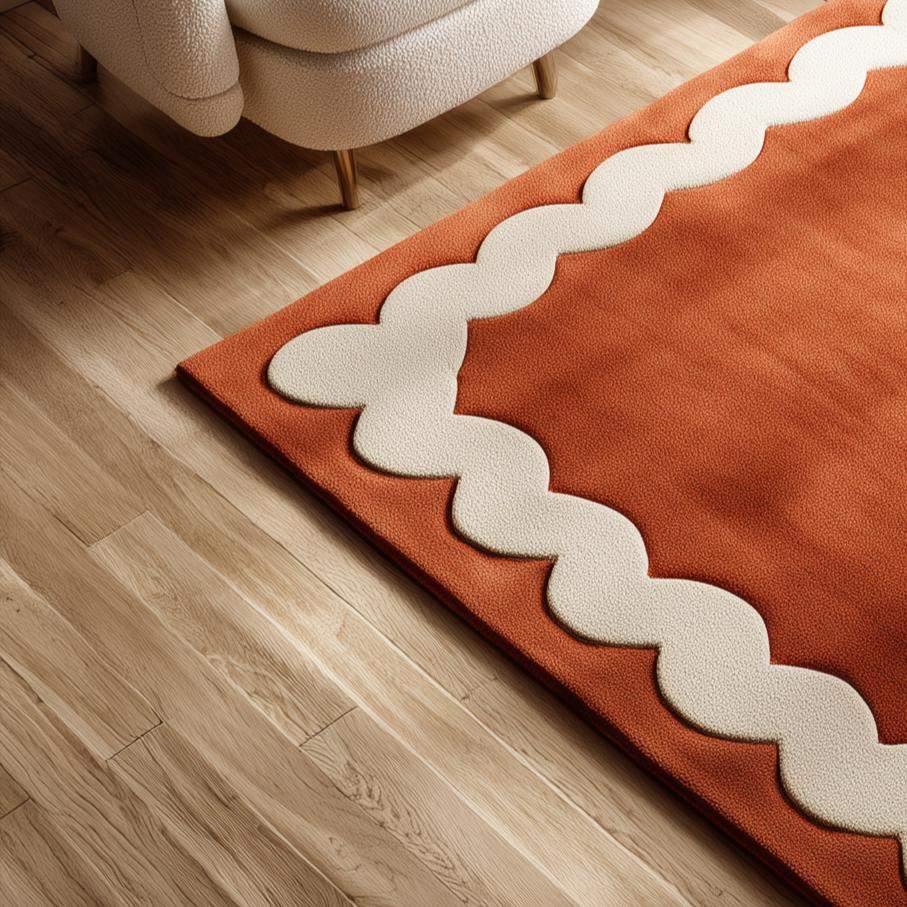 Burnt Orange Tufted Area Rug: Wavy Cream Border, Scandinavian Style