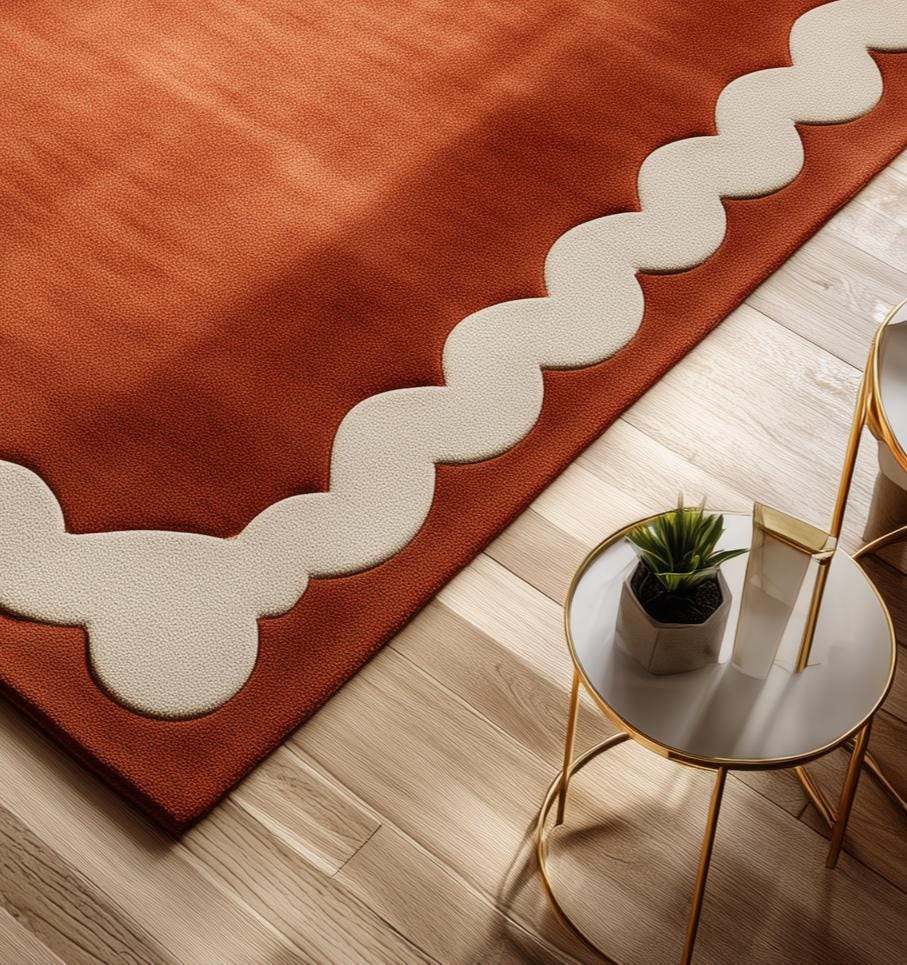 Burnt Orange Tufted Area Rug: Wavy Cream Border, Scandinavian Style