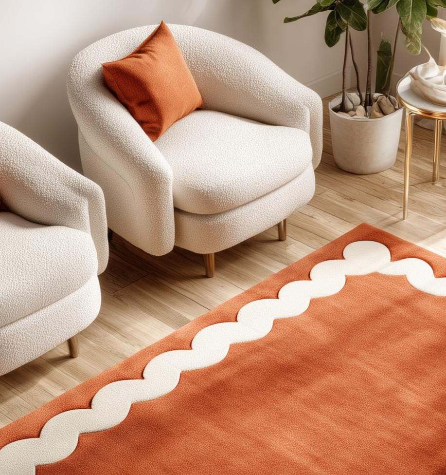 Burnt Orange Tufted Area Rug: Wavy Cream Border, Scandinavian Style