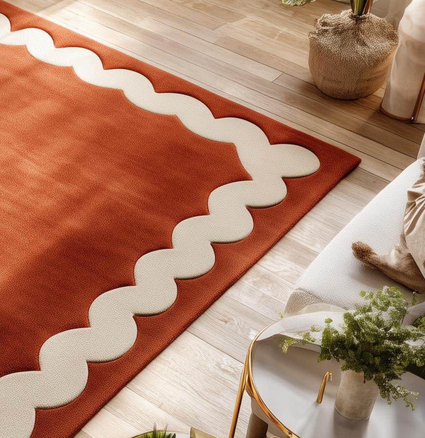 Burnt Orange Tufted Area Rug: Wavy Cream Border, Scandinavian Style