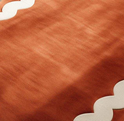 Burnt Orange Tufted Area Rug: Wavy Cream Border, Scandinavian Style