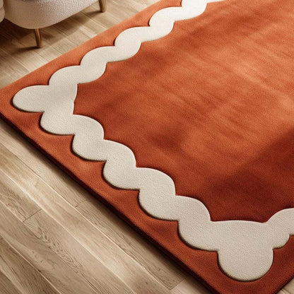 Burnt Orange Tufted Area Rug: Wavy Cream Border, Scandinavian Style