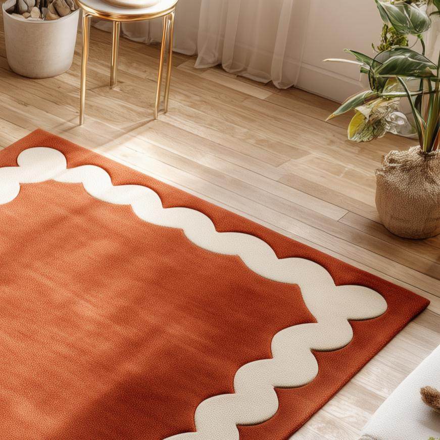 Burnt Orange Tufted Area Rug: Wavy Cream Border, Scandinavian Style