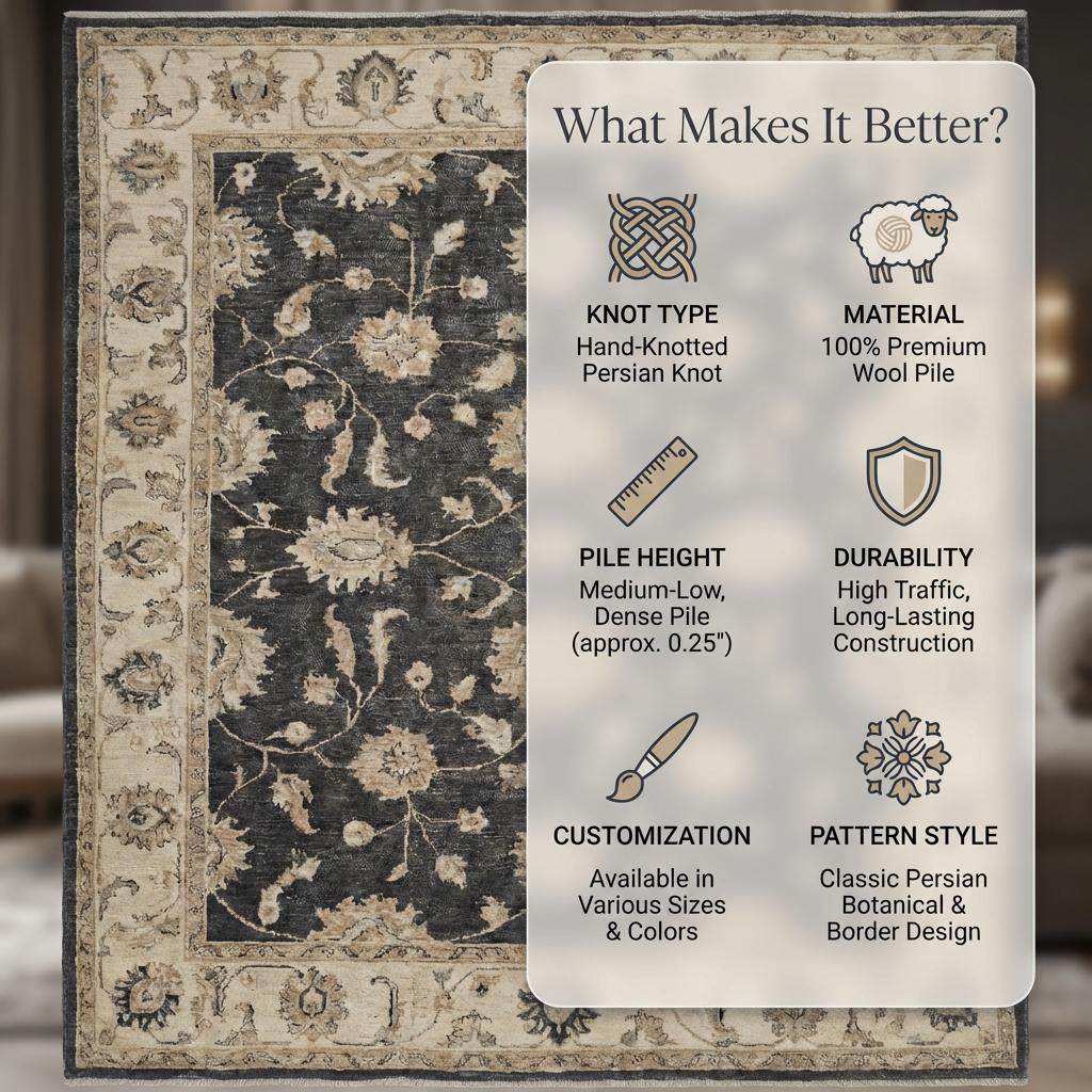 Charcoal Floral Persian Style Area Rug for Living Room __etsy:7651853399