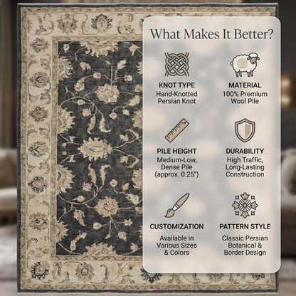 Charcoal Floral Persian Style Area Rug for Living Room __etsy:7651853399