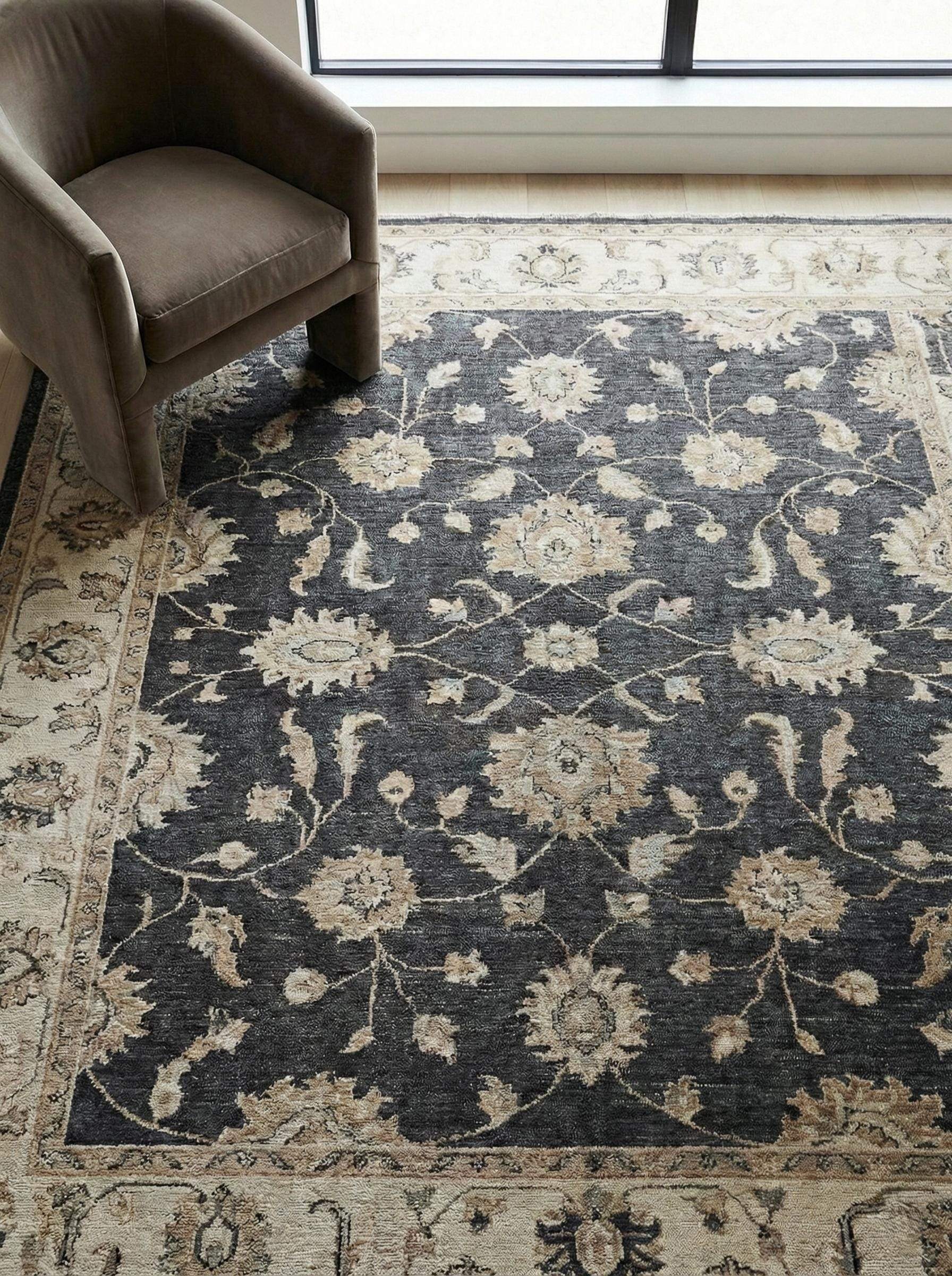 Charcoal floral Persian style handmade area rug in living room setting __etsy:7651840281