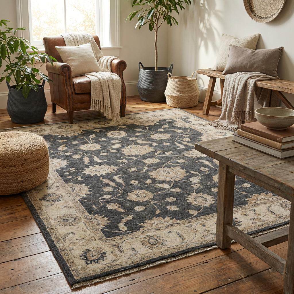 Handmade woven pile rug with symmetrical floral pattern __etsy:7651843363