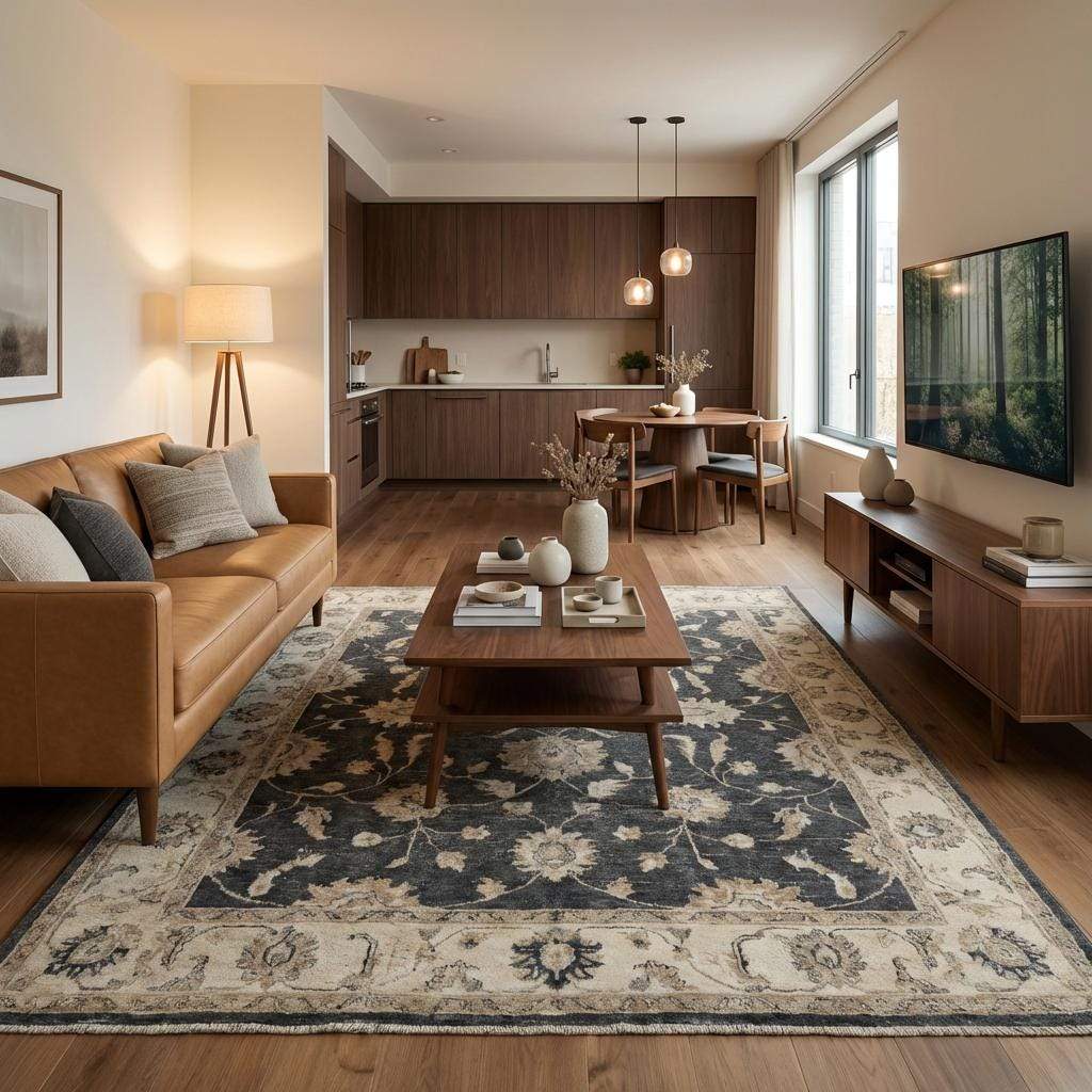 Neutral charcoal and cream floral rug for classic interior décor __etsy:7603906968