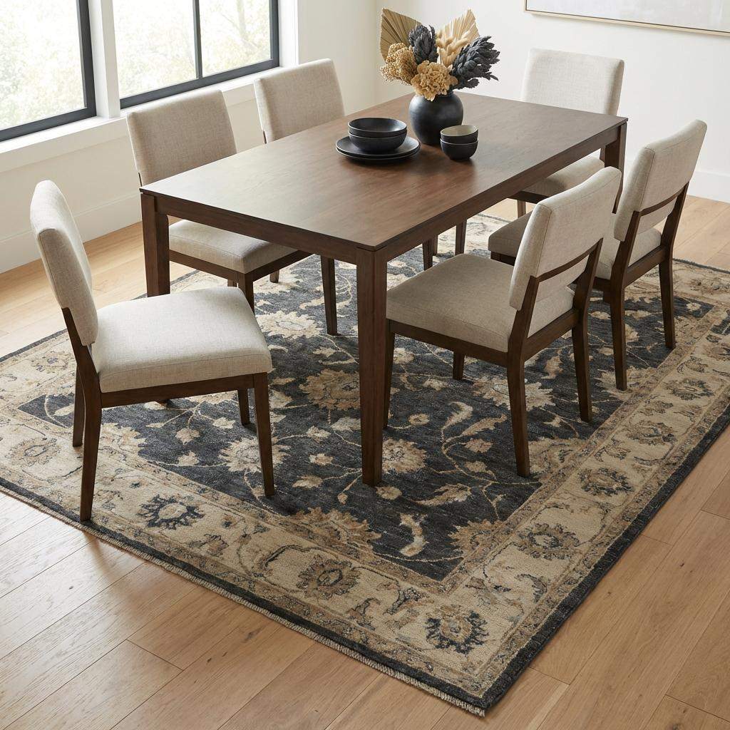 Elegant handmade Persian inspired rug beside accent chair __etsy:7651853395