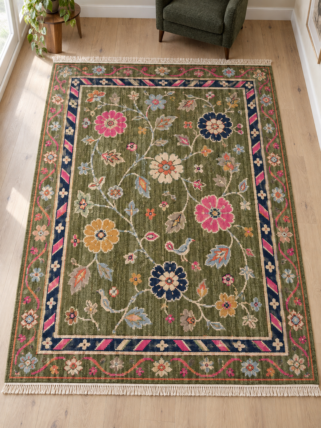 Olive Green Floral Bird Hand Knotted Wool Rug, Folk Garden Pink Navy Border