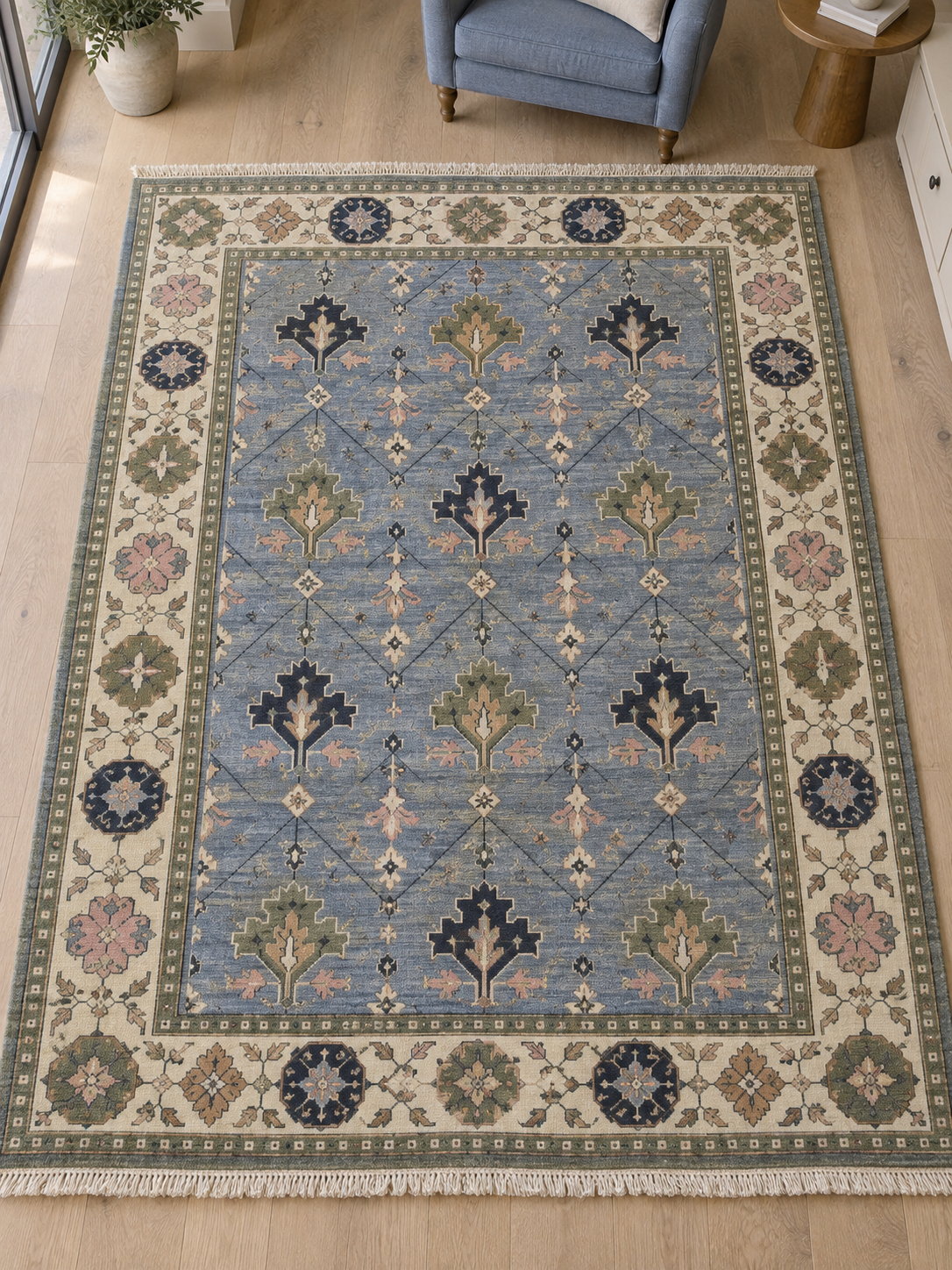 Cornflower Blue Geometric Hand Knotted Wool Rug, Tree Motif Ivory Sage Border