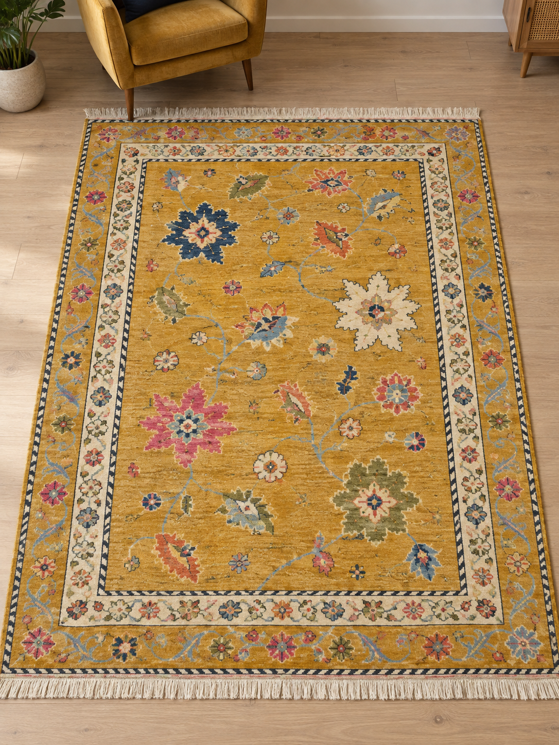 Mustard Yellow Floral Hand Knotted Wool Rug, Oushak Style Ivory Border